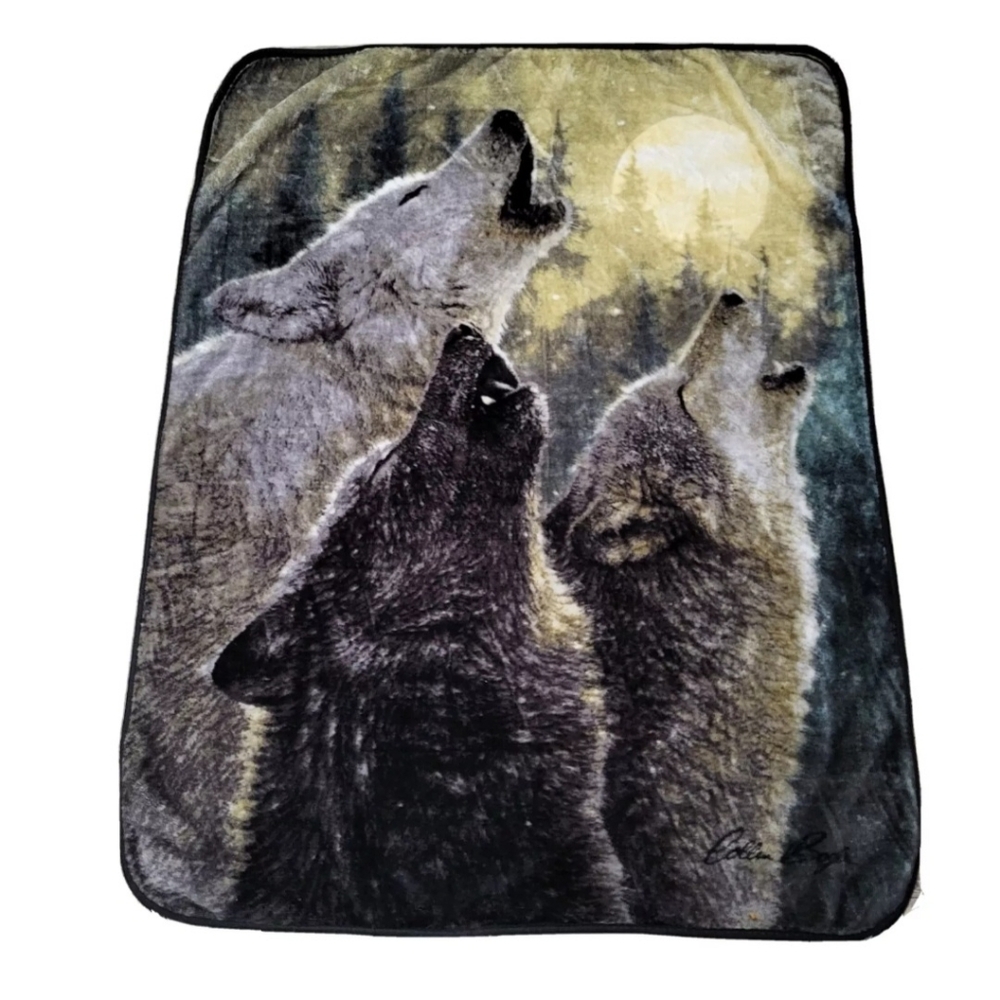 Collin Bogle Vtg Plush Throw Blanket Howling Wolf Wolves Moon Cozy Winter 50×60